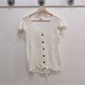 Flower and Feather button down ruffle sleeve button top